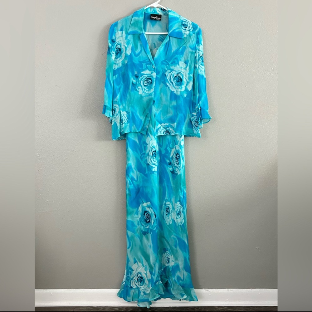 Vintage Positive Attitude Blue Rose Floral Set 10P Maxi Dress & Topper 90s Y2K